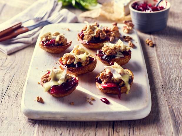 Baked Potato Skins with melted brie, red onion marmalade & walnuts