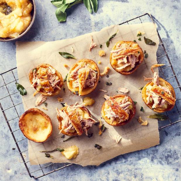 Baked Potato Skins with pork, apple & crispy sage