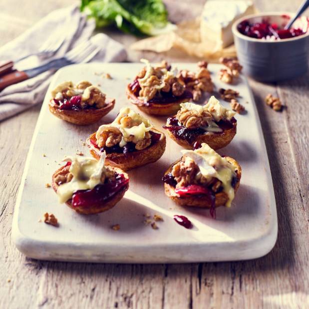 Baked Potato Skins with melted brie, red onion marmalade & walnuts