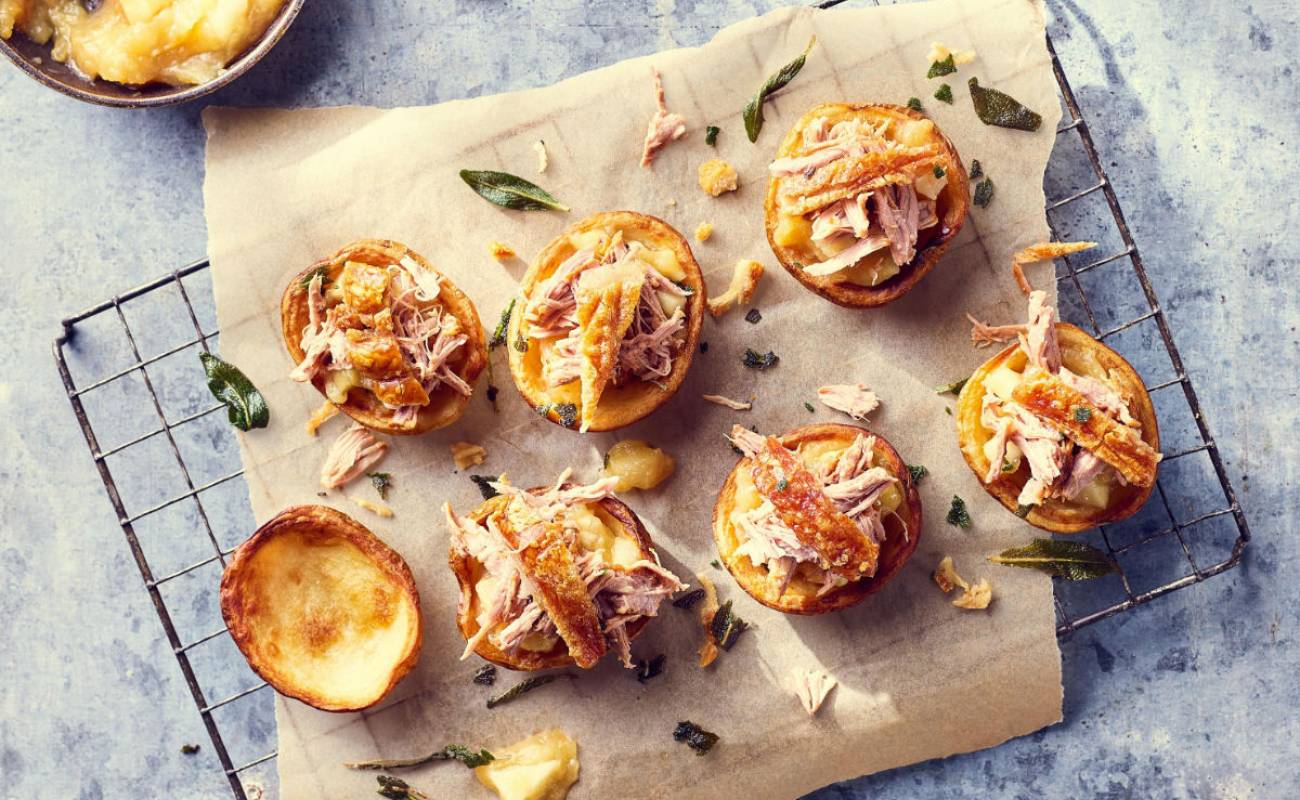 Baked Potato Skins with pork, apple & crispy sage